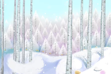 Tuinposter Creative Illustration and Innovative Art: Wonderful Snow Wood Forest. Realistic Fantastic Cartoon Style Character Design, Story Background, Wallpaper, Card Design © info@nextmars.com