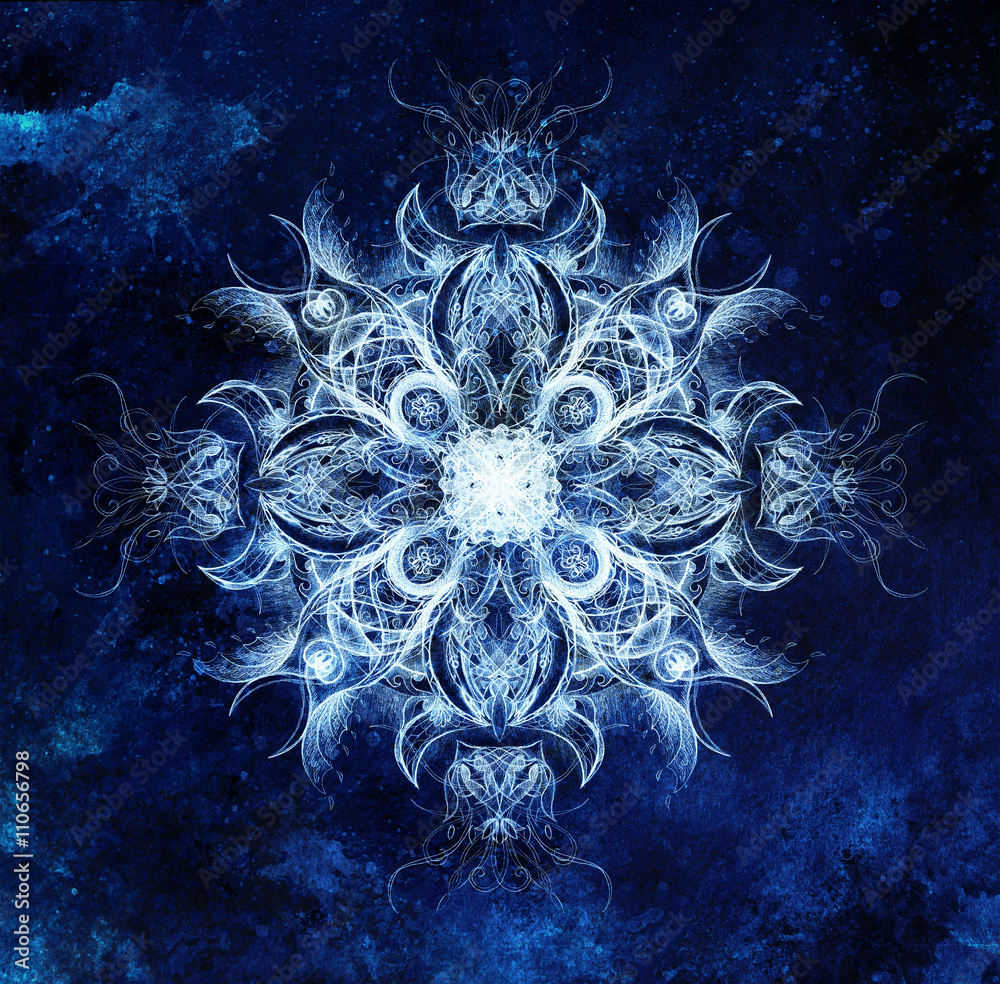Poster ornamental mandala. original hand draw and computer collage. blue color structure. winter effect.