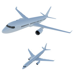 Commercial flights in airplanes. Tourist and business flights by plane. Isolated airlifter fuselage on a white background. 3d model of the passenger aircraft. Raster illustration.