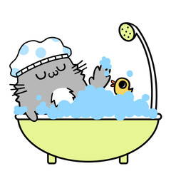 Fototapeta premium Creative Illustration and Innovative Art: Cats' Memories: Take a Happy Bath. Realistic Fantastic Cartoon Style Character Wallpaper Story Card Design