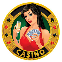 Vector illustration. Beautiful young lady in red dress holding playing cards and glass of champagne. Сoncept design for a casino advertising
