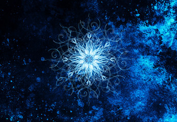 Ornamental mandala. Original hand draw and computer collage. Blue color structure. Winter effect.