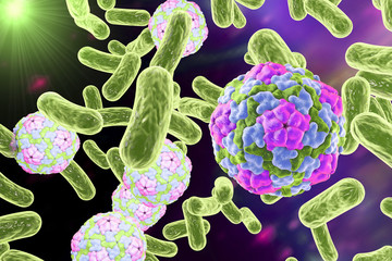 Bacteria and viruses (Hepatitis A virus) on colorful background. Medical background. Healthcare background. 3D illustration