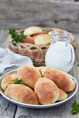 Fresh baked pasties filled with egg and green onion