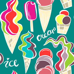 Juicy ice cream cones pattern. Seamless hand drawn background of different ice cream. Vector illustration