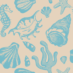 Seamless pattern with hand drawn seashells. Marine background. Vector vintage texture with seashells, coral, sea horse, starfish