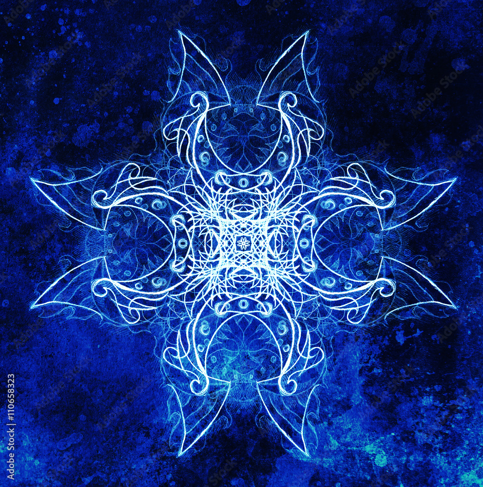 Poster Ornamental mandala. Original hand draw and computer collage. Blue color structure. Winter effect.