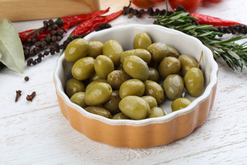 Green olives in the bowl