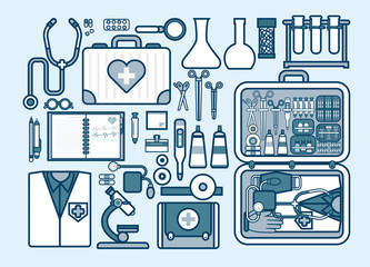 illustration of medic supplies, drugs, pills, tools, clothing, medical suitcase in line style