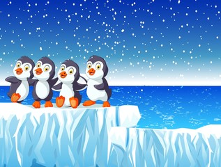 four penguins standing on the snow