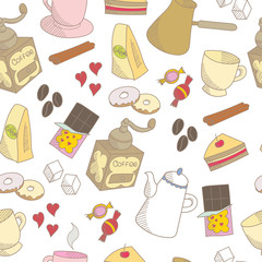 Coffee theme sketched seamless pattern