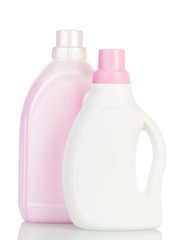 Plastic bottle with liquid bleach and powder isolated on white 