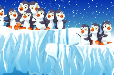 funny penguins cartoon with snow landscape background