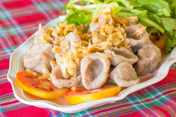 Softboiled fish balls in Thai-style served with chilli