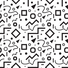 Fototapeta na wymiar Seamless geometric vintage pattern in retro 80s style, memphis, in black and white. Ideal for fabric design, paper print and website backdrop. EPS10 vector file