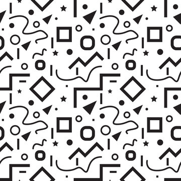 Seamless geometric vintage pattern in retro 80s style, memphis, in black and white. Ideal for fabric design, paper print and website backdrop. EPS10 vector file