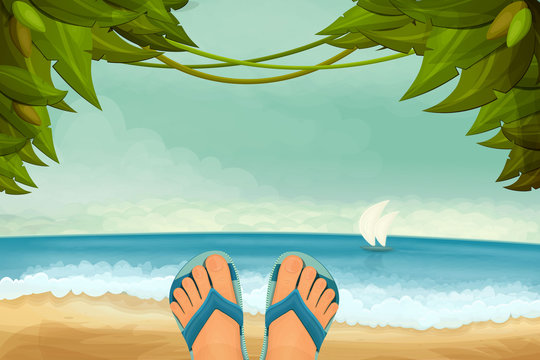 Exotic Panorama Landscape With Male Feet In Slippers