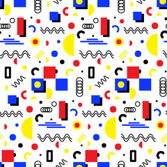 Seamless geometric vintage pattern in retro 80s style, memphis. Ideal for fabric design, paper print and website backdrop. EPS10 vector file.