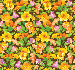 Vector illustration. Seamless flower pattern in yellow and purple shades