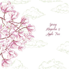 Background with magnolia and apple tree