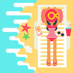 Summertime traveling card with the hipster girl laying on a chair near the beautifull ocean. Vector illustration decorated with different summer accessories: sea fish, soda, beach.