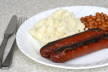 closeup english bangers and mashed potatoes