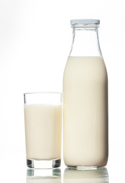 A bottle of rustic milk and glass