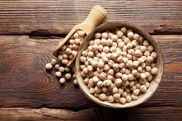Chickpeas in bowl on wooden table