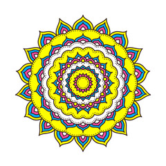 Doodle mandala. Vector ethnic floral mandala with hand drawn doodle ornament. Tribal amulet. Isolated. Yellow, blue, white, pink colors. Isolated.
