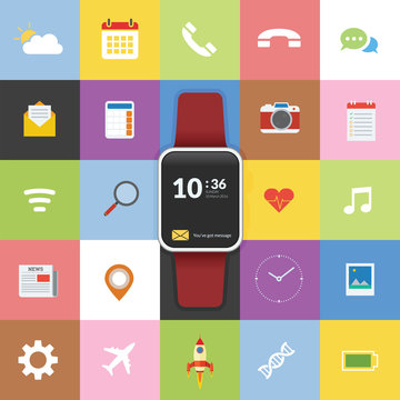 Smartwatch technology concept with icon background and flat design