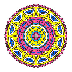 Doodle mandala. Vector ethnic floral mandala with hand drawn doodle ornament. Tribal amulet. Isolated. Yellow, blue, white, pink colors. Isolated.