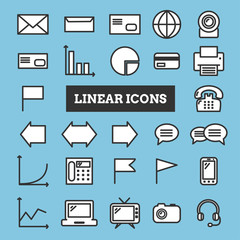 Set of coloful linear web icons: business, media, communication