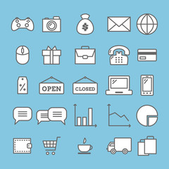 Collection of linear web icons: business, media, on-line trade