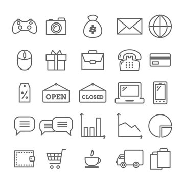 Collection of linear web icons: business, media, on-line trade