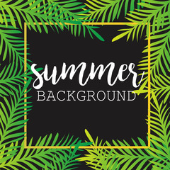 Summer tropical background of palm leaves. tropics, tropical, palm trees, tropical palm leaves.  Summer Background. Square Frame. Vector Illustration.