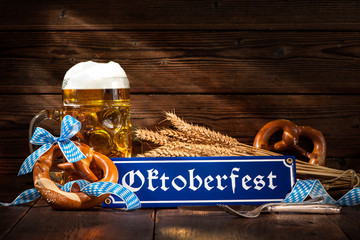 Original bavarian pretzels with beer stein. Oktoberfest