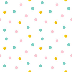 Cute pink, mint green and gold dotted seamless pattern background.