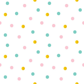 Cute pink, mint green and gold dotted seamless pattern background.