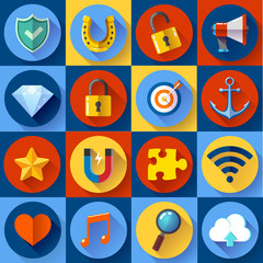 Set of Modern flat web icons. SEO, development, security, internet and music
