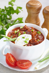 Hungarian cuisine. Goulash served in a white tureen
