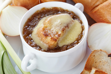 French cuisine. Onion soup served in a white tureen