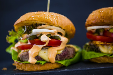 Hamburger, homemade hamburgers with beef and fresh vegetables