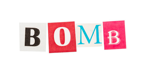 Inscription of colorful bomb carved letters isolated on white