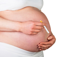 Pregnant woman holding  cigarette isolated on white background.