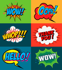 Set of comic style phrases on colorful background. Pop art style