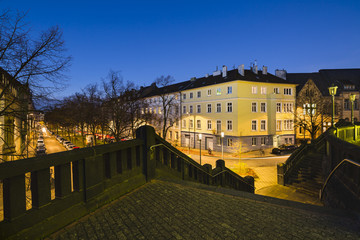 Stairs and City Street in Aachen, Germany at night
