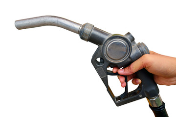 Male hand holding gas pump isolated on white