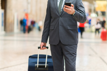 Unrecognizable man walking with a trolley in the crowd of a train station