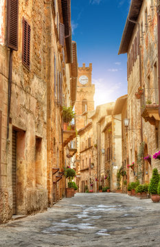 Colorful street in Pienza, Tuscany, Italy
