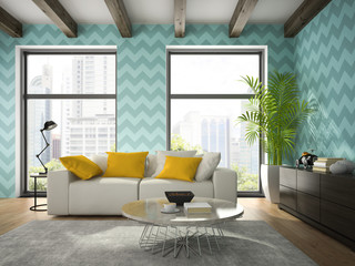 Interior of modern design room with blue wallpaper 3D rendering